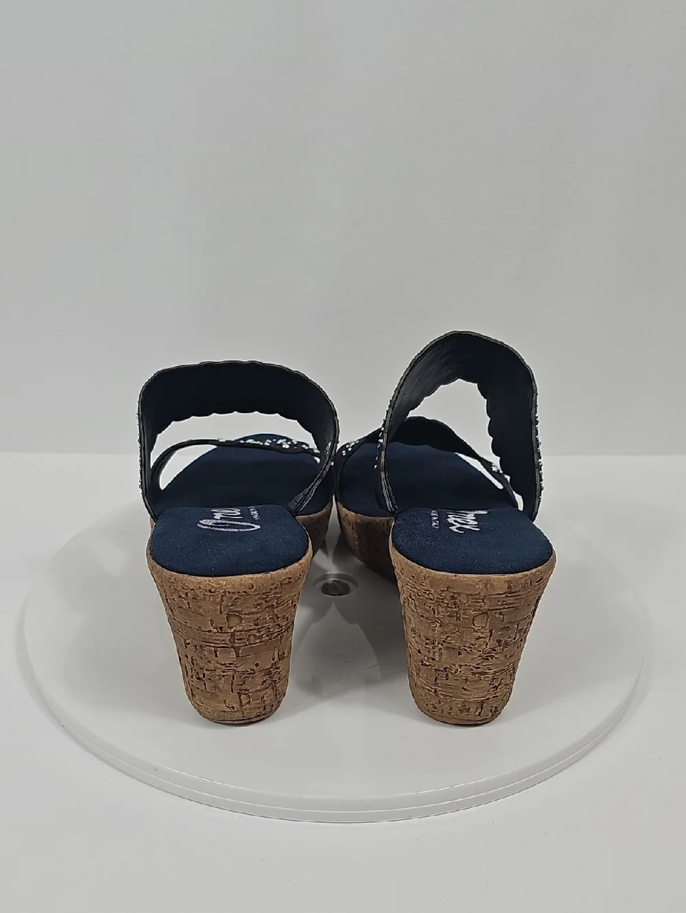 NIB Onex Oppal Beaded Cork Wedge Slides Rhinestone Laser Cut Navy Blue 9